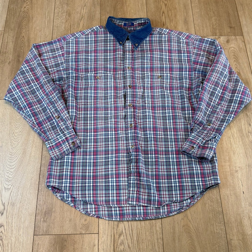 Vtg Pendleton Mens L Plaid‎ Button Down Shirt Cotton Denim Collar Red Blue